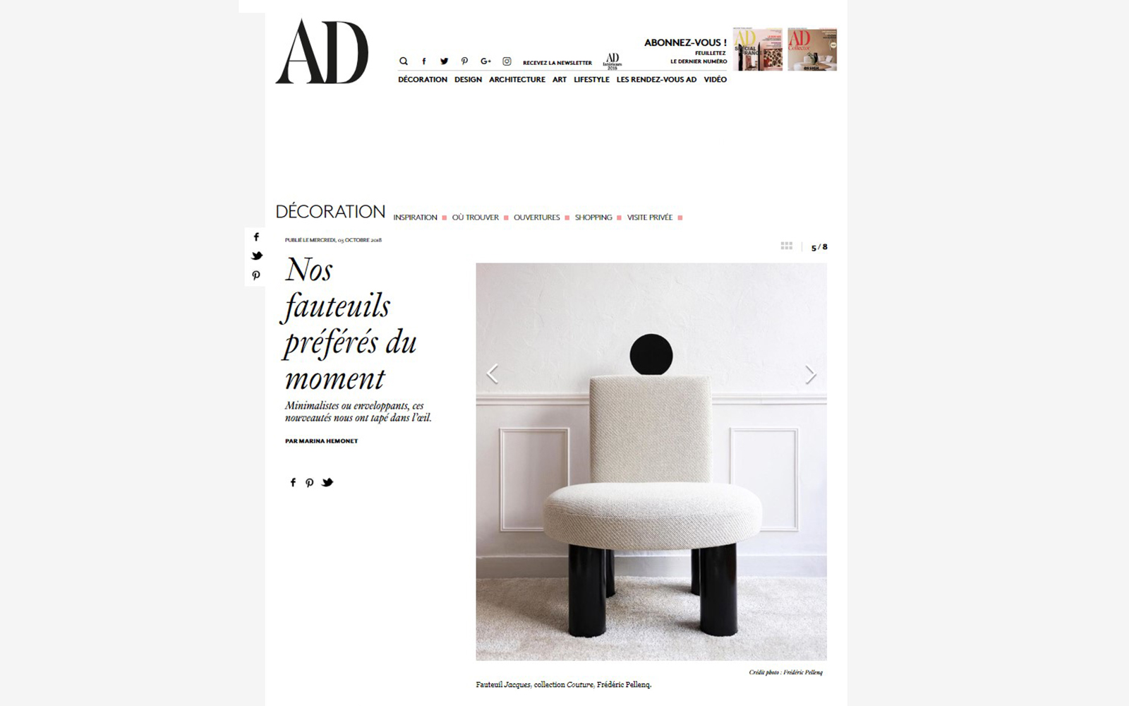 Fauteuil Couture de Frédéric Pellenq AD Magazine